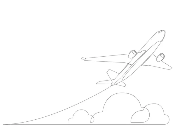 İzole edilmiş bir vektör nesne çizimi, yolcu uçağı uçurmak. Düzlemler ve bulutlar minimal biçimde çizilir. — Stok Vektör