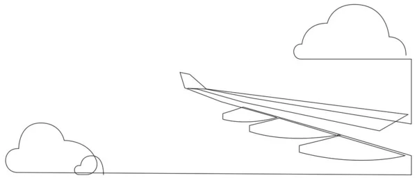 Крыло самолета и облака. Одна строка иллюстрации летающего самолета. Крыло самолета минимального типа изолировано на белом фоне. Векторная иллюстрация путешествия и туризма — стоковый вектор