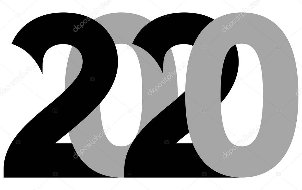 2020 text design pattern. Vector illustration. Isolated on white background. Holiday greeting card headline decoration. Date numbers concept design.
