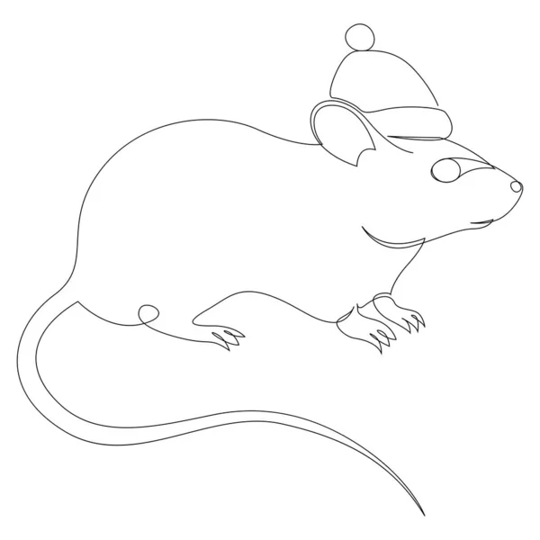 Um rato de linha ou desenho de rato. Símbolo do ano. Rato dos desenhos animados em chapéu de Pai Natal. Cartão de Natal. Cartão de saudação — Vetor de Stock