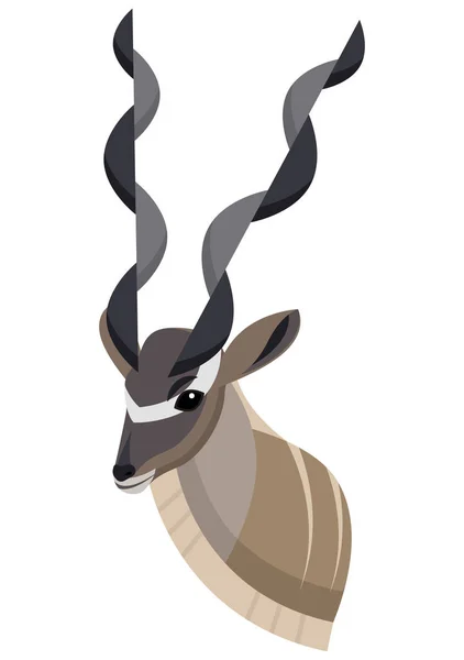 Ritratto kudu maggiore realizzato in unico stile semplice cartone animato. Capo dell'antilope africana. Isolato artistico icona stilizzata per il vostro design — Vettoriale Stock