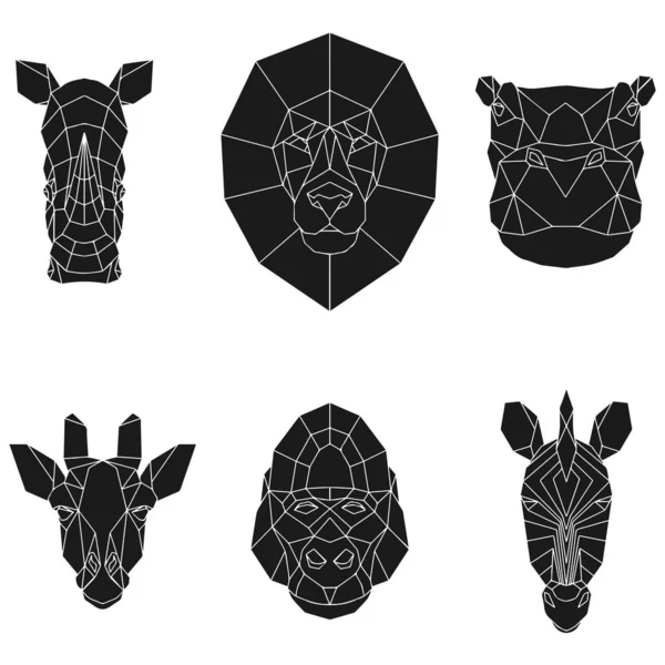 The black geometric heads of rhino, lion, hippo, giraffe, gorilla and zebra. Set polygonal abstract animals of Africa — стоковий вектор