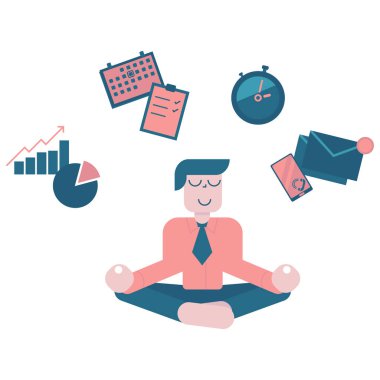 İş adamı meditasyonu, zaman yönetimi konsepti, stres atma ve problem çözme. Lotus pozisyonunda iş düşünen bir adam. Düz biçimli vektör illüstrasyonu