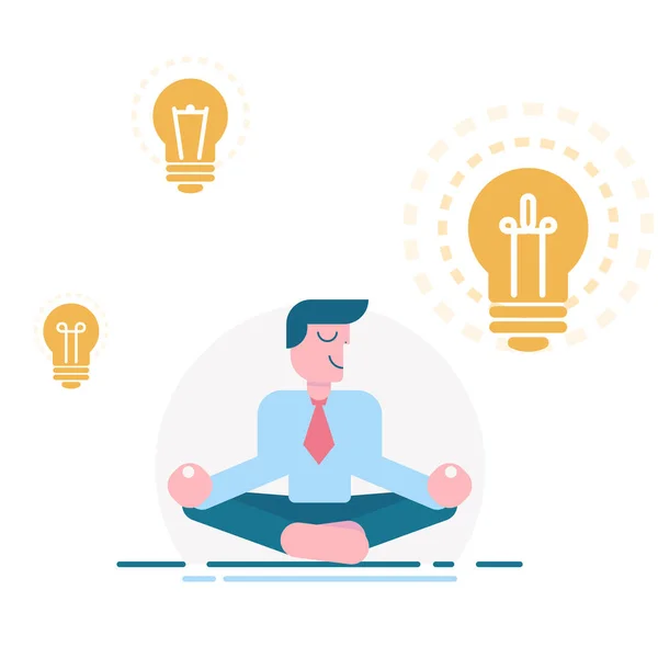 Meditating businessman with idea, vector illustration. Cartoon character man on white background. Mindful, calm, smiling visionary, business idea. Light bulb as symbol of inspiration — Stock Vector