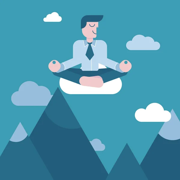Businessman in the sky over the mountains meditating in peace for any spiritual and inner peace business concepts. Vector illustration — Stock Vector