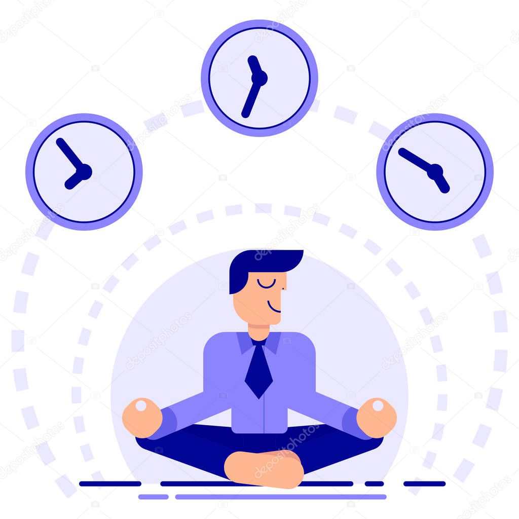 Time management concept. Businessman meditating, Planning or control, efficient and successful business. Vector illustration