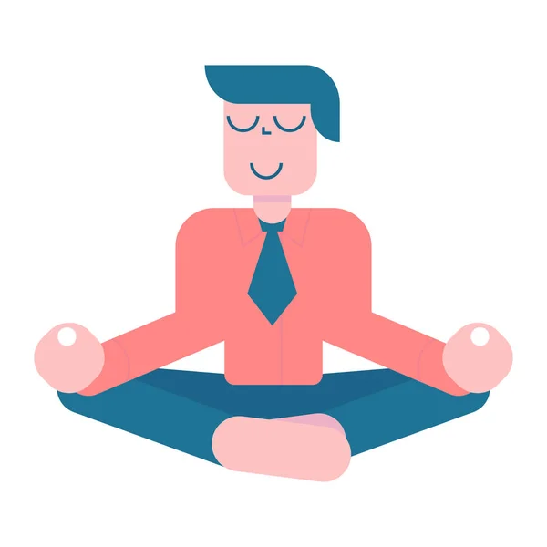 Meditazione in ufficio. Uomo d'affari seduto in posa loto yoga, rilassarsi e librarsi in aria. Vettoriale personaggio piatto cartone animato su sfondo bianco . — Vettoriale Stock