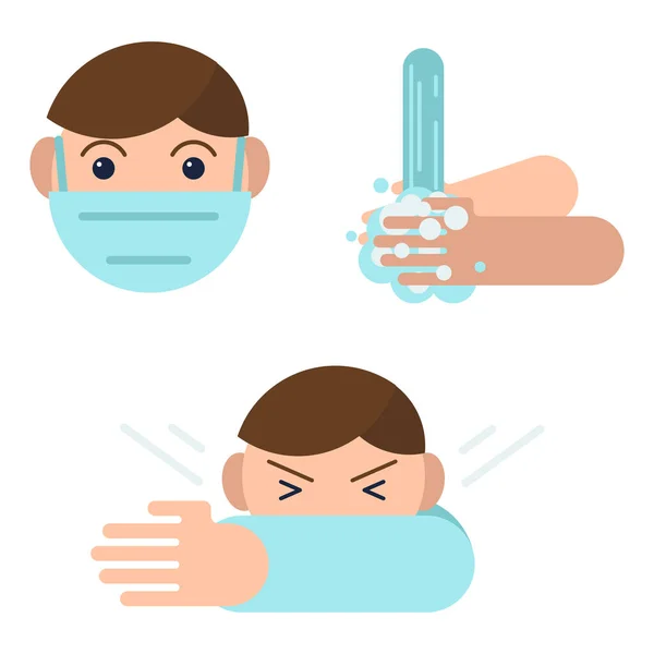 コロナウイルス予防のヒント.2019-nCV 、 Covid-19 。要約インフォグラフィック症状と予防のヒント,健康と医療.咳、手を洗う、医療用マスクを持つ男のフラットアウトラインアイコン。ベクトル — ストックベクタ