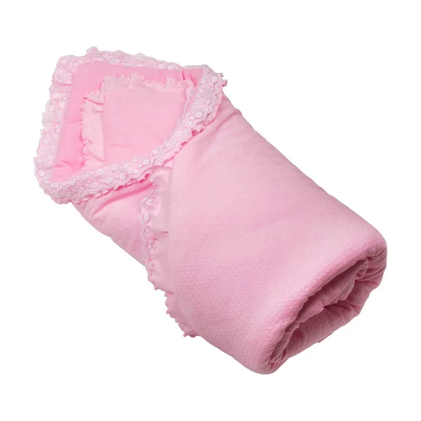 粉红婴儿拿毛毯.卷起用白色隔开的软布 — 图库照片