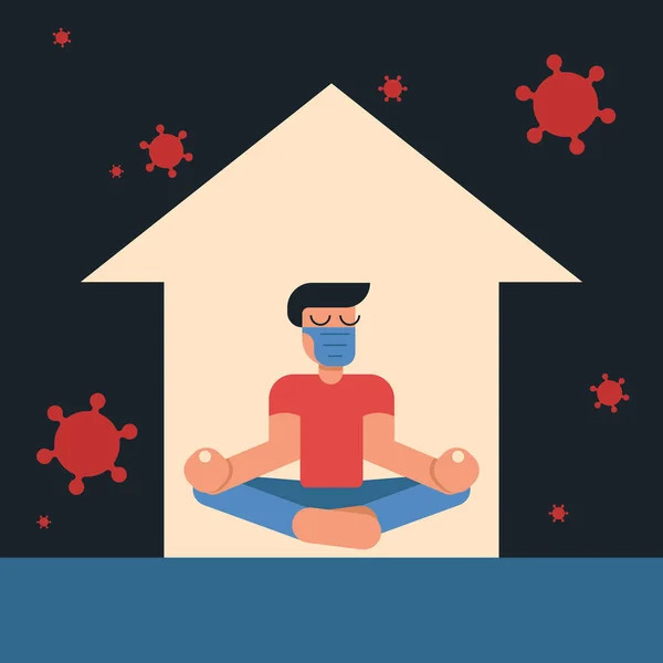 Coronavirus outbreak vector concept. A man in medicine mask sits in a meditation pose at home. Covid-19 virus in air. Staying home with self quarantine. Protect from viruses. — Stock Vector