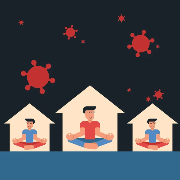 Coronavirus outbreak vector concept. A man and his neighbours sit in a meditation pose at home. Covid-19 virus in air. Staying home with self quarantine. Protect from viruses. — Stock Vector