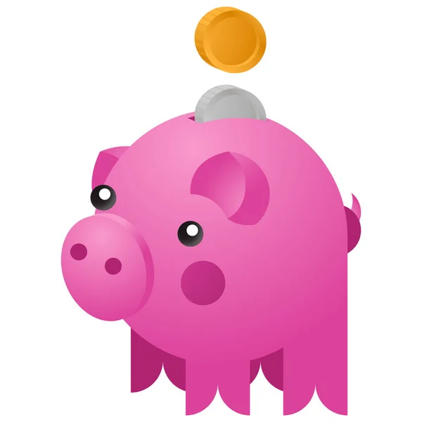 Kasetka na pieniądze w postaci ceramicznej świni z monetami w niej wchodzącymi. Koncepcja oszczędzania pieniędzy. Wektor — Wektor stockowy