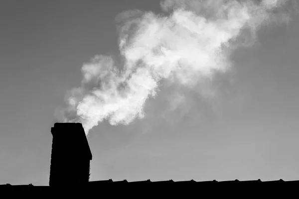 Концепція Забруднення Повітря Дим Виходить Будинку Димоходу Чорно Білому Кольорі — стокове фото