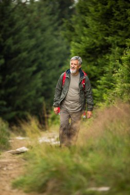 Aktif kıdemli yüksek dağlarda hiking 