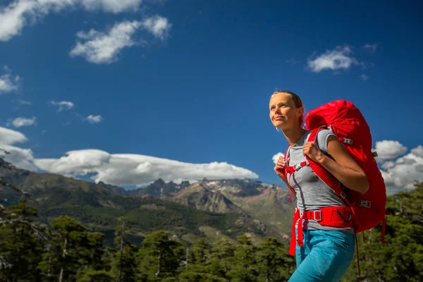 彼女の巨大なバックパックで高い山のきれいな、女性ハイカー, — ストック写真