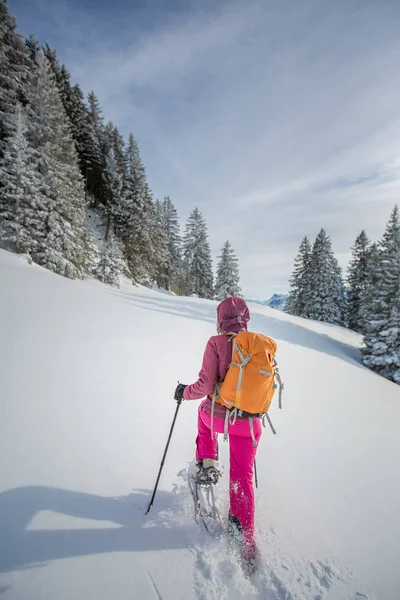 Bonita, joven mujer raquetas de nieve en las altas montañas — Foto de Stock