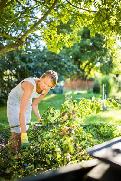 Bella, giovane donna che fa giardinaggio nel suo giardino, tagliando rami — Foto Stock