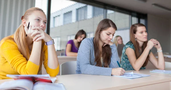 Elever i klassrum - ung söt kvinnlig college student sitt — Stockfoto