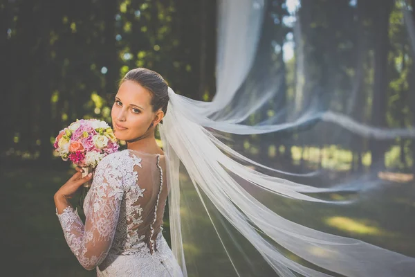 Sposa bruna in abito da sposa bianco moda con trucco — Foto Stock