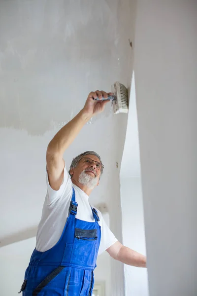 Senior painter man at work with a paint bucket, wall painting co — Stock Image Senior painter man at work with a paint bucket, wall painting co Stock Picture