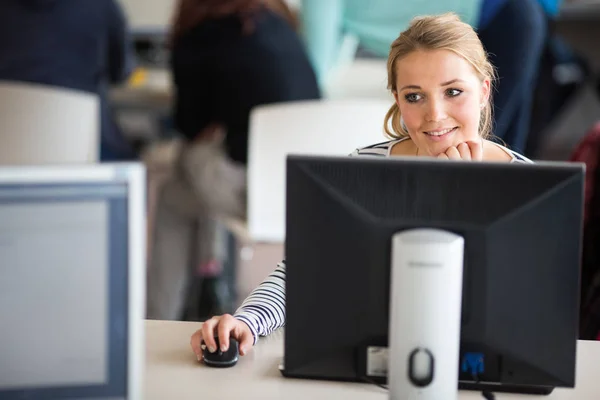 Pretty, female student looking at a desktop computer screen — Stock Photo, Image