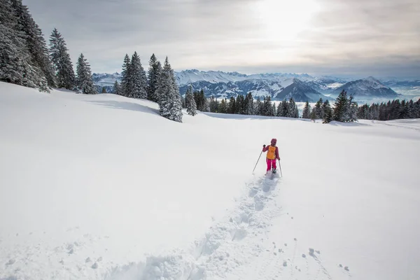 Гарненька, молода жінка сніжить у високих горах — стокове фото