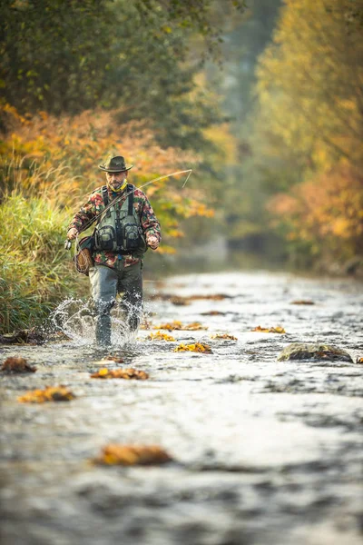 Pêcheur Mouche Pêche Mouche Sur Une Splendide Rivière Montagne — Photo