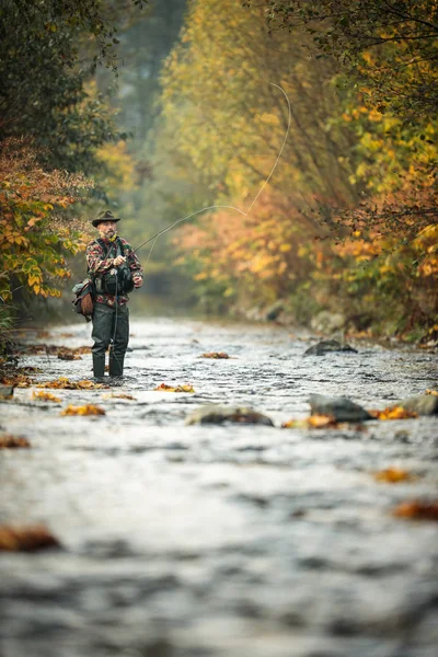 Fly fisherman fly fishing on a splendid mountain river — Stock Photo, Image