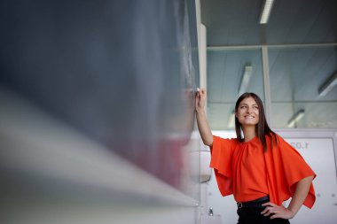 Güzel, genç üniversite öğrencisi / genç öğretmen tahtaya yazı yazıyor.