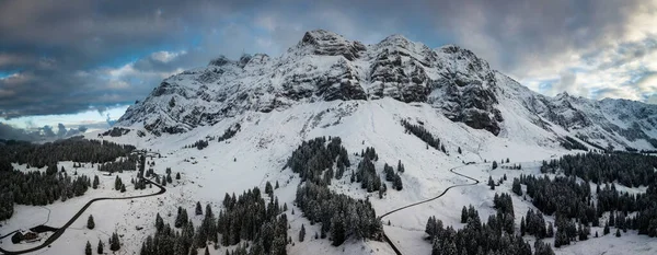 Magas Rezervátum Panorámás Kép Tél Svájci Alpokban Közelében Mount Santis — Stock Fotó