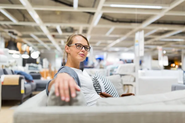 Pretty Young Woman Choosing Right Furniture Her Apartment Modern Home — Stock Photo, Image