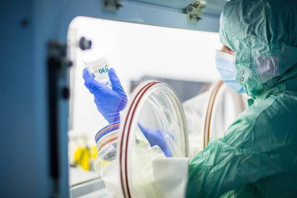 生物化学实验室正在用极其严格的预防措施配制病毒解毒剂 — 图库照片