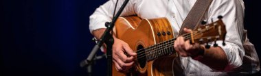 Sahnede gitar çalan adam (sığ DOF; renk tonlu resim)