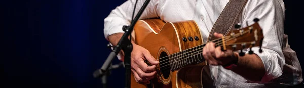 Man Die Gitaar Speelt Het Podium Oppervlakkige Dof Verkleurde Afbeelding — Stockfoto