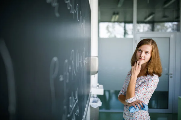 Ładna Młoda Studentka Przed Tablicą Podczas Lekcji Matematyki — Zdjęcie stockowe