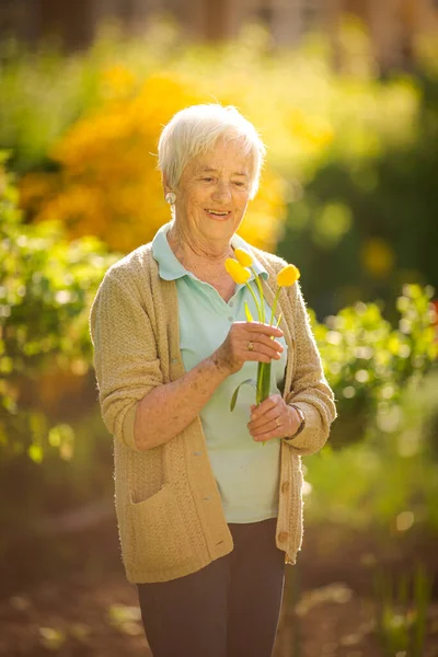 Donna Anziana Che Giardinaggio Nel Suo Bel Giardino Innaffiare Piante — Foto Stock