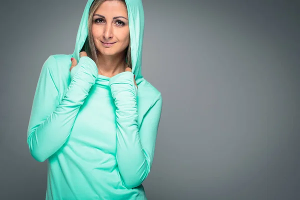 Gorgeous Young Woman Smiling Looking Happy Her Favorite Hoodie Ready — Stock Photo, Image