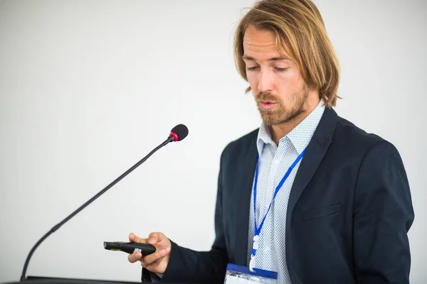 Handsome Young Man Giving Speech Conference — Stock Photo, Image