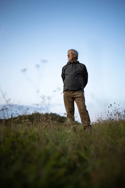 Senior Man Njuter Naturen Vandring Promenader Genom Vacker Natur — Stockfoto