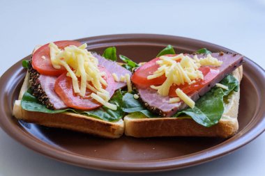 Kızarmış et, domates, kuzukulağı ve mozzarella peyniri ile tost 