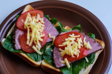 Kızarmış et, domates, kuzukulağı ve mozzarella peyniri ile tost 