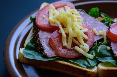 Kızarmış et, domates, kuzukulağı ve mozzarella peyniri ile tost 