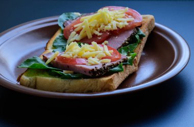 Kızarmış et, domates, kuzukulağı ve mozzarella peyniri ile tost 