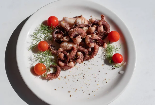 Octopus tentacles with cherry tomatoes and spices — Stock Photo, Image