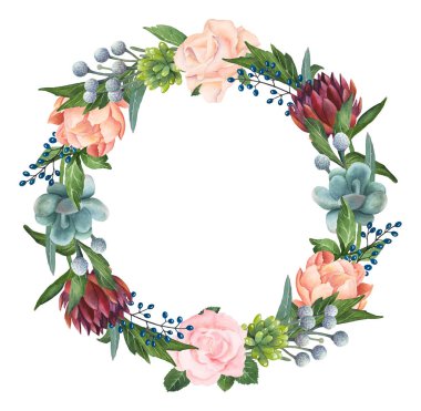 Suluboya gül el boyaması, Succulents ve Peonies çelenk