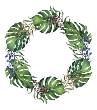 Suluboya Monstera el boyaması ve palmiye yaprakları çelenk 