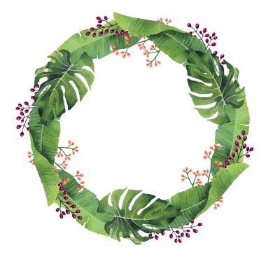 Suluboya Monstera el boyaması ve muz yaprakları çelenk