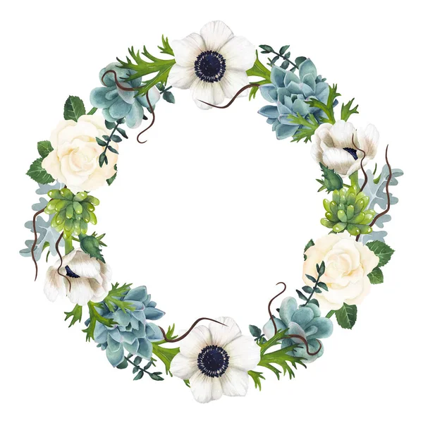Hand-painted Watercolor Anemones And Succulents Wreath — Stock Photo, Image