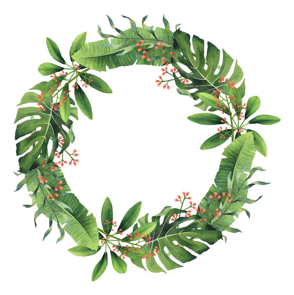 Hand-painted Watercolor Tropical Leaves And Berries Wreath — Stock Photo, Image