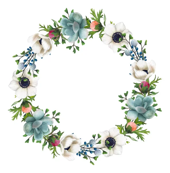 Hand-painted Watercolor Flowers And Succulents Wreath — Stock Photo, Image